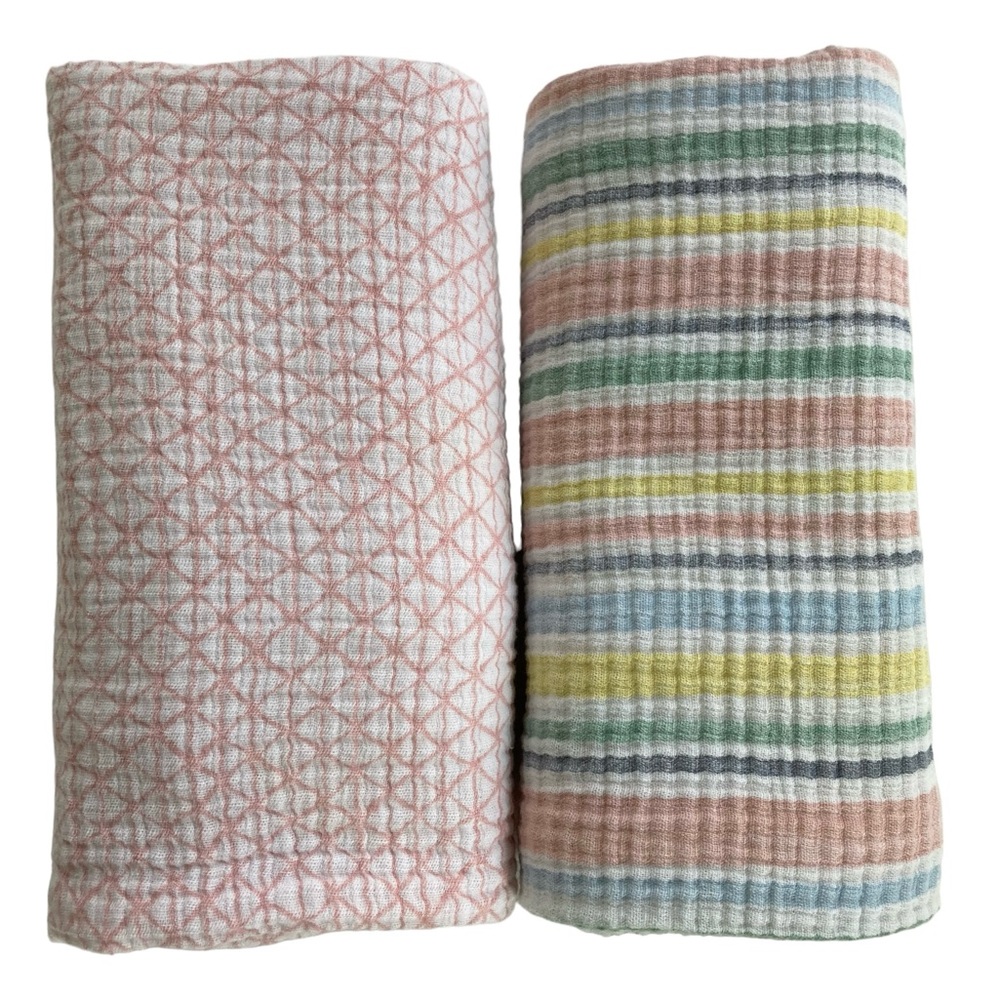 Lot - 2 Aden + Anais Cotton Swaddle Blankets Pink Diamond‎ Multicolor Stripes